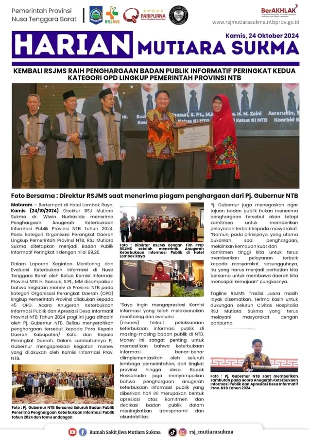 KEMBALI RSJMS RAIH PENGHARGAAN BADAN PUBLIK INFORMATIF PERINGKAT KEDUA KATEGORI OPD LINGKUP PEMERINTAH PROVINSI NTB